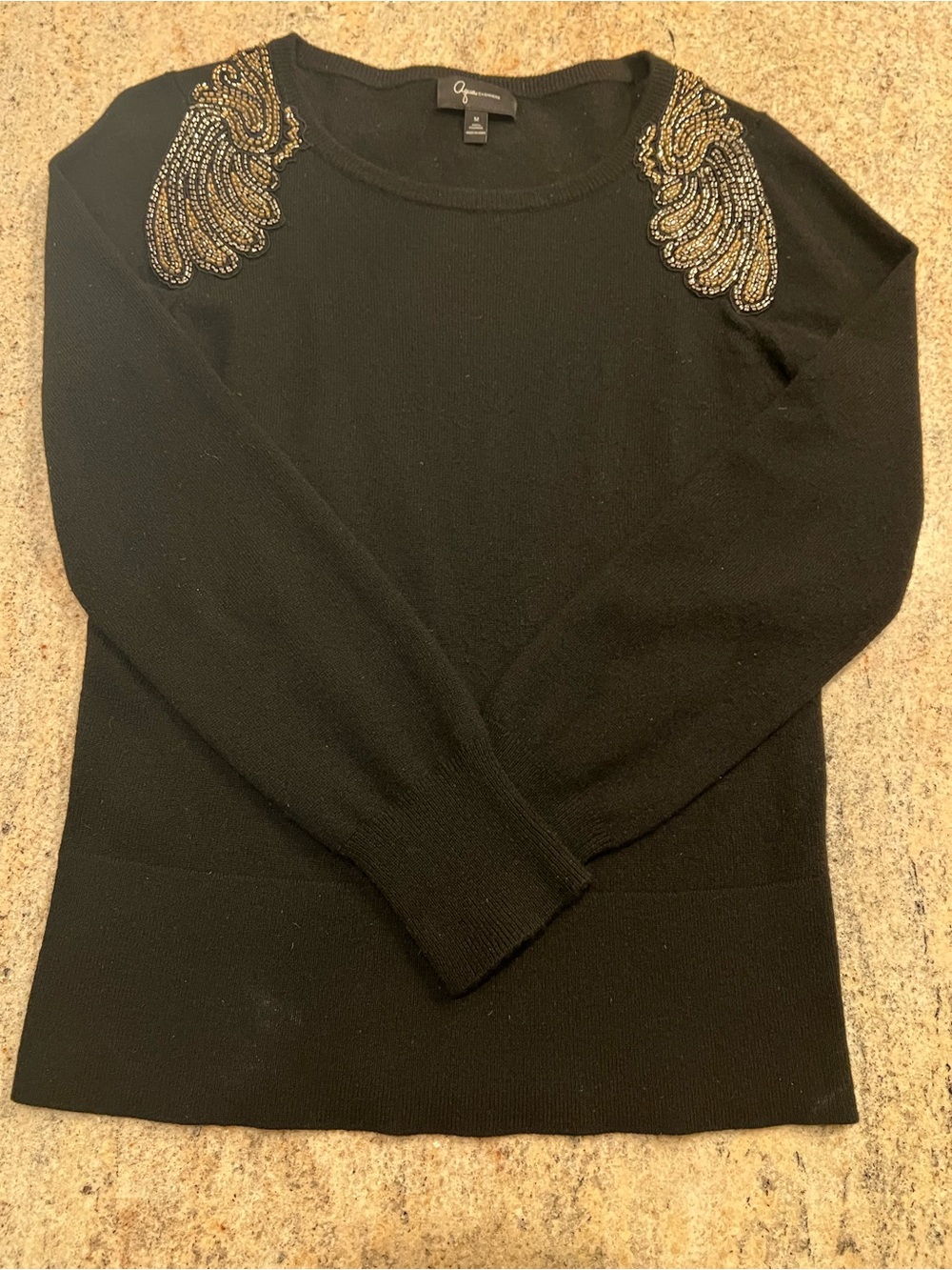Aqua 100% Cashmere Black Embellished Shoulder Sweater